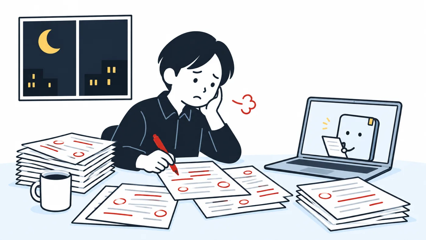 夜中まで、上がってきた原稿に赤を入れ続けている