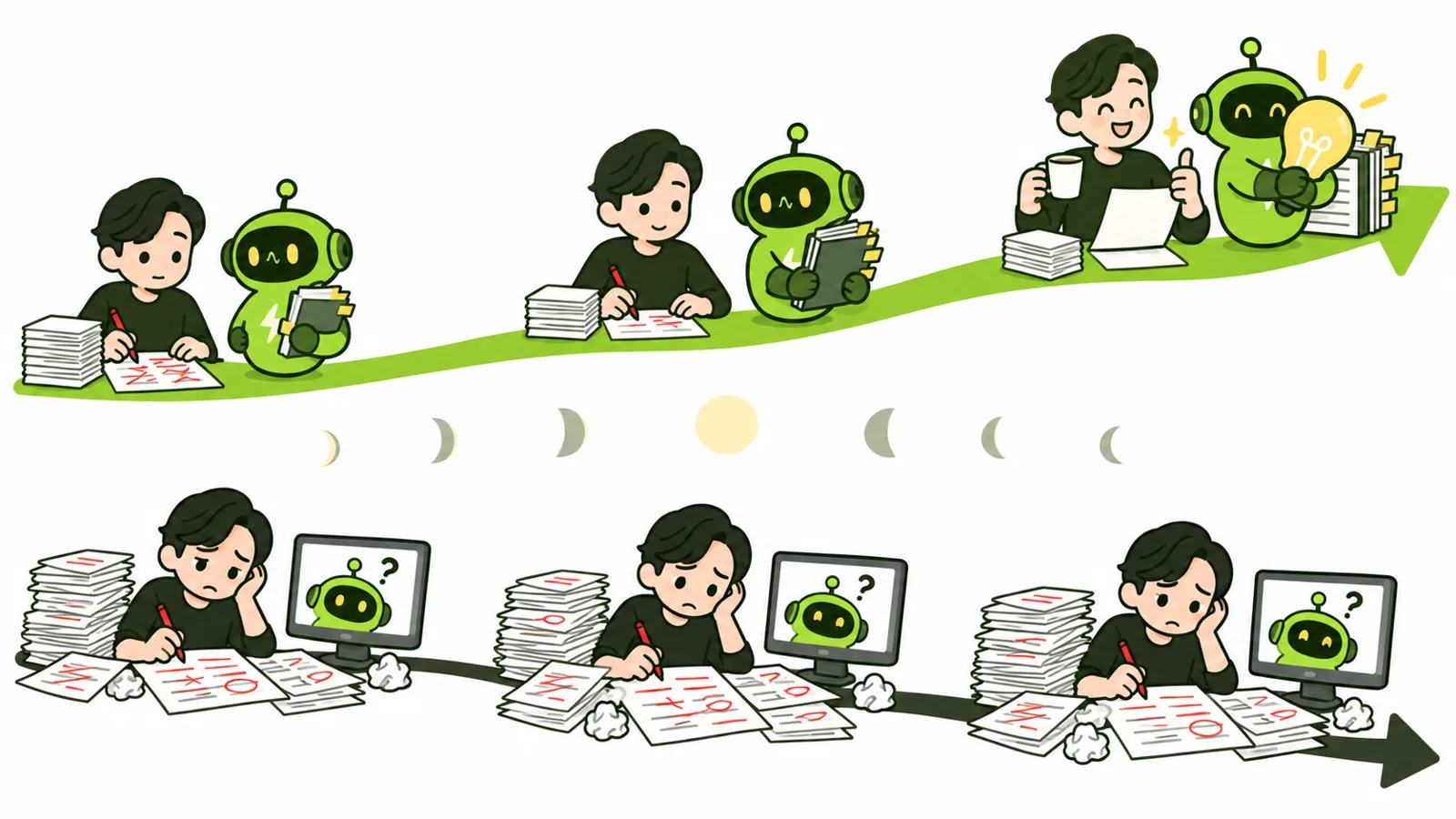 同じ日に始めた2人。毎回赤ペンで直し続ける人と、覚えるAIと進んで1年後にOKを出すだけになった人