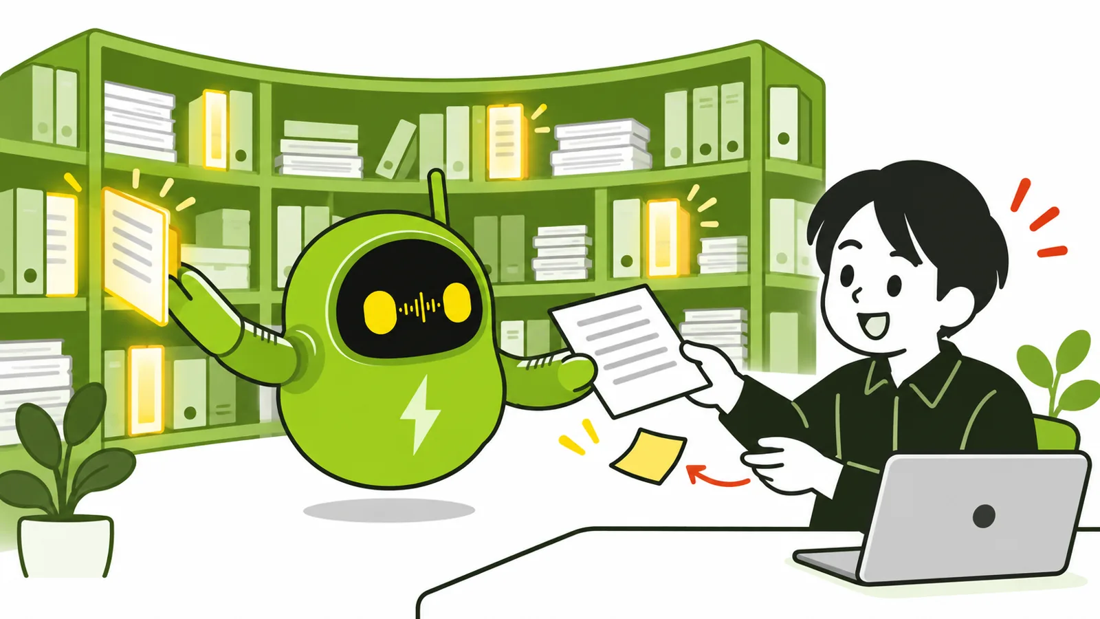 本棚いっぱいの売れた原稿を読んだ頭脳が、原稿を手渡している。受け取った人が驚いている
