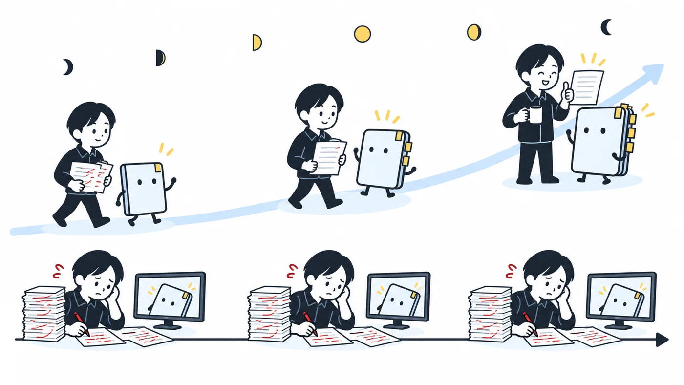 同じ日に始めた2人。毎回赤ペンで直し続ける人と、覚えるAIと進んで1年後にOKを出すだけになった人