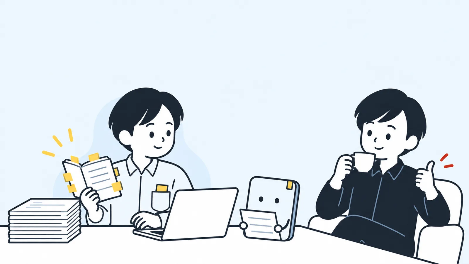 原稿を書いているもう一人の自分と、コーヒーを片手にOKを出している本人