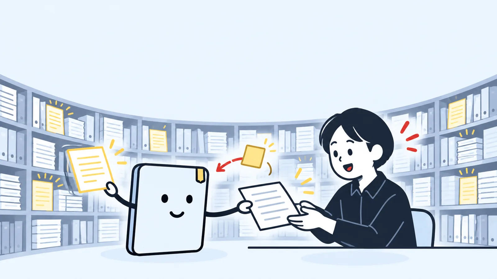 本棚いっぱいの売れた原稿を読んだ頭脳が、原稿を手渡している。受け取った人が驚いている