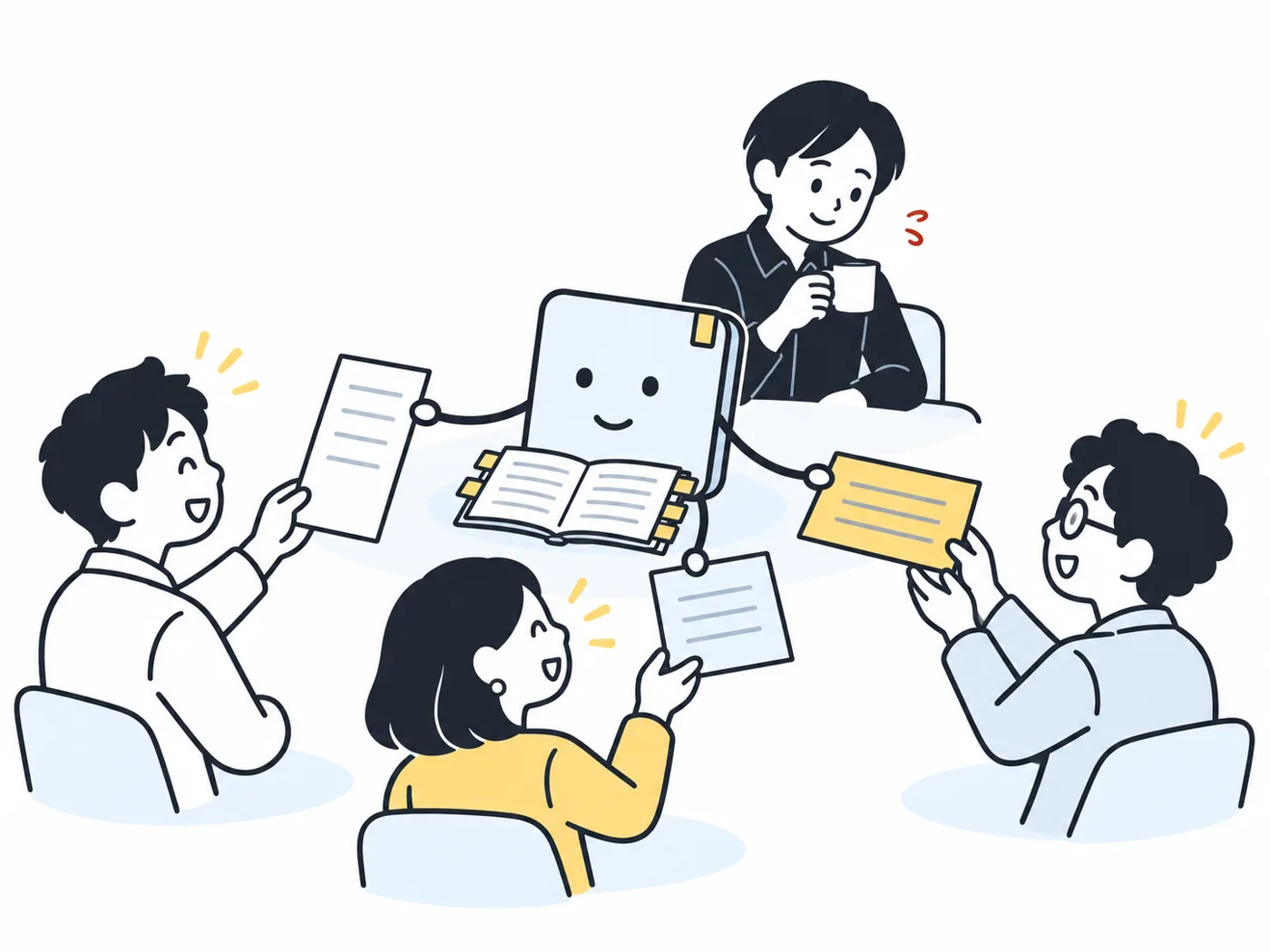 判断を覚えたAIマロンが、場面ごとに違う原稿を出し、周りが喜んでいる