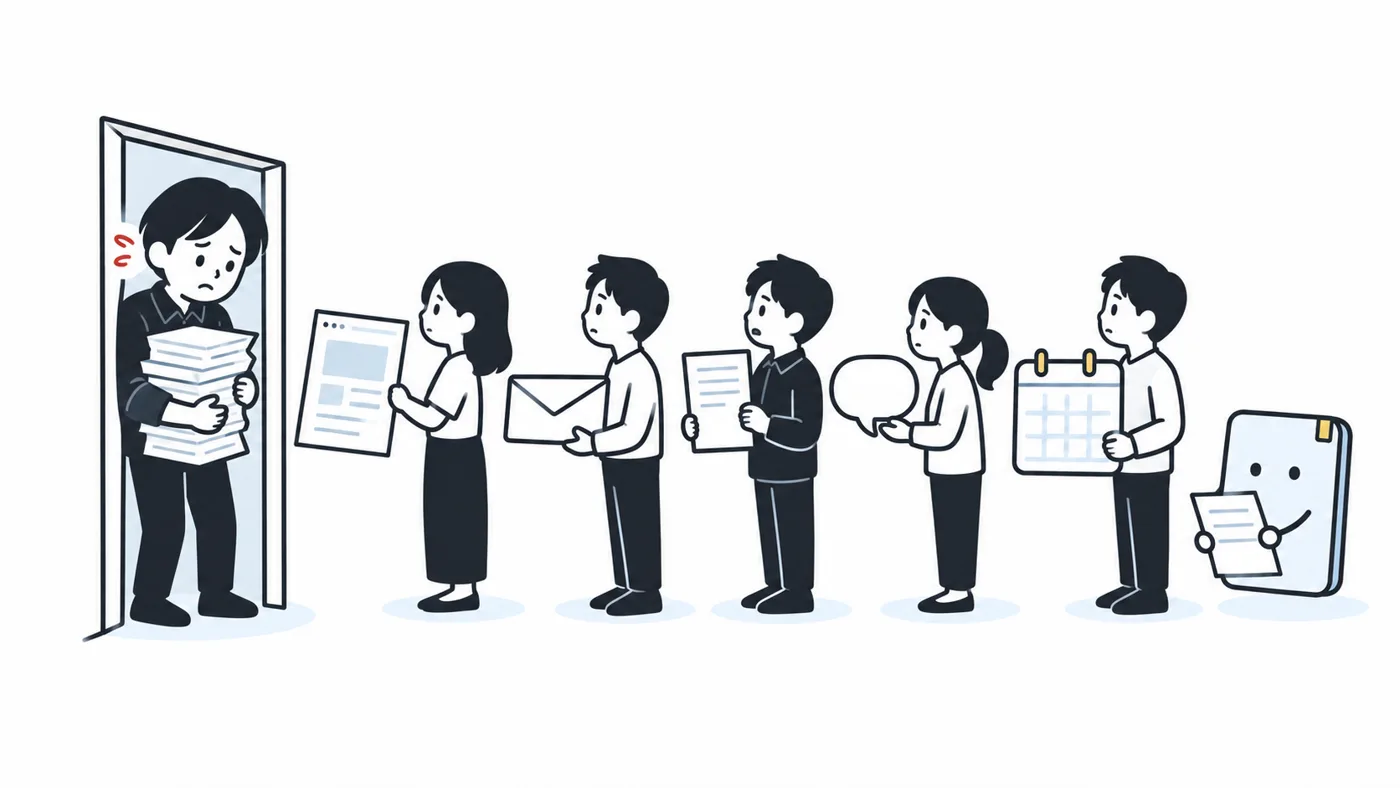 資料やメールを持った人たちが、社長の判断を待って列を作っている